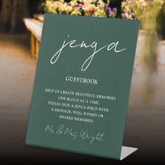 Signe De Table Livre d'or Jenga Vert Émeraude Script Minimaliste