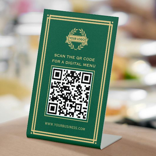 Signe De Table Logo Code QR Menu sans contact Classic Green Gold