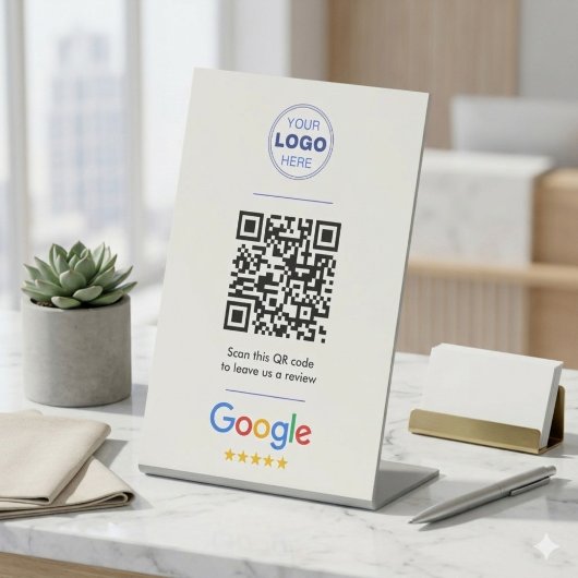 Signe De Table Logo de code QR pour avis Google blanc et propre