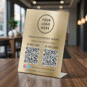 Signe De Table Logo d'entreprise 2 codes QR médias sociaux Or