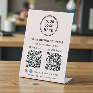 Signe De Table Logo d'entreprise 2 Codes QR Réseaux sociaux Rose