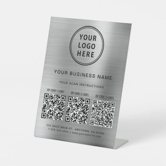 Signe De Table Logo d'entreprise 3 codes QR Argent (Recto)