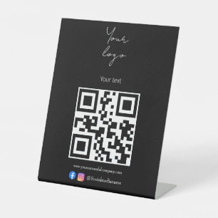 Signe De Table Logo personnalisé, code QR et texte noir et blanc