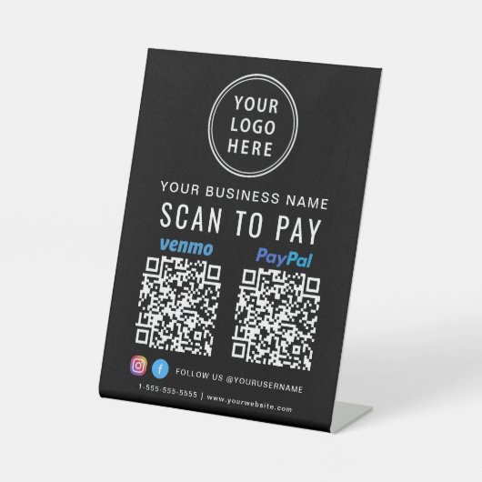 Signe De Table Logo Scan to Pay Paypal Venmo Codes QR Noir (Recto)