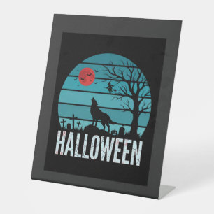 Signe De Table Loup d'Halloween Cimetière Lune Vecteur