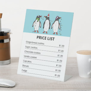 Signe De Table Manchots de Noël sur fond bleu - Liste de prix de