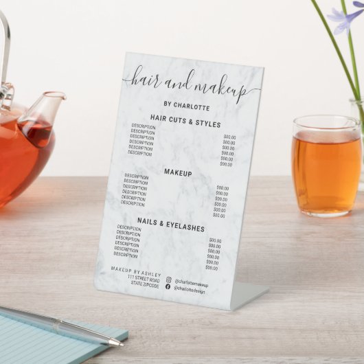 Signe De Table Marbre blanc calligraphie cheveux maquillage salon (In SItu)