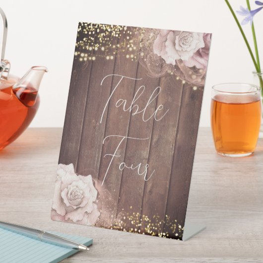 Signe De Table Mariage aquarelle Roses romantiques sur bois rusti (In SItu)