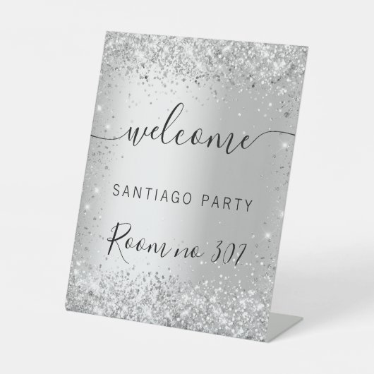 Signe De Table Mariage argent parties scintillant nom script bien (Recto)
