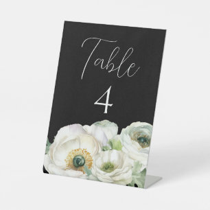 Signe De Table Mariage blanc Ranunculus Numéro de table sur noir