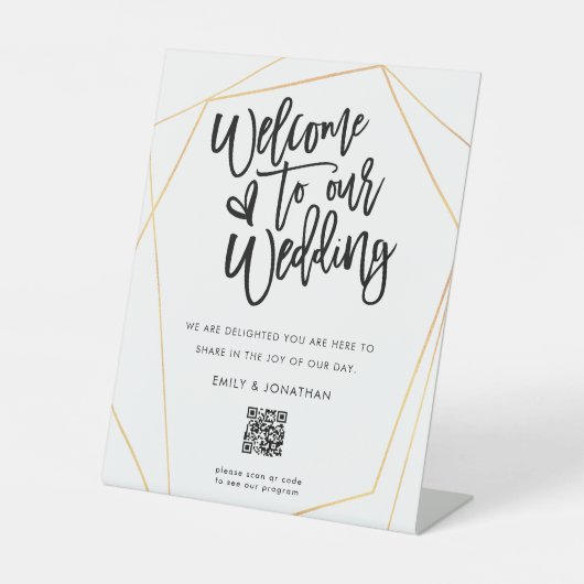 Signe De Table Mariage de bienvenue Code QR Script Gold Géométriq (Recto)