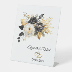 Signe De Table Mariage de fleurs blanches noires d'or