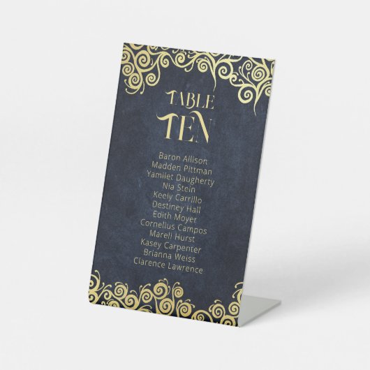 Signe De Table Mariage D'Hiver Bleu Et Or Fleuri (Recto)