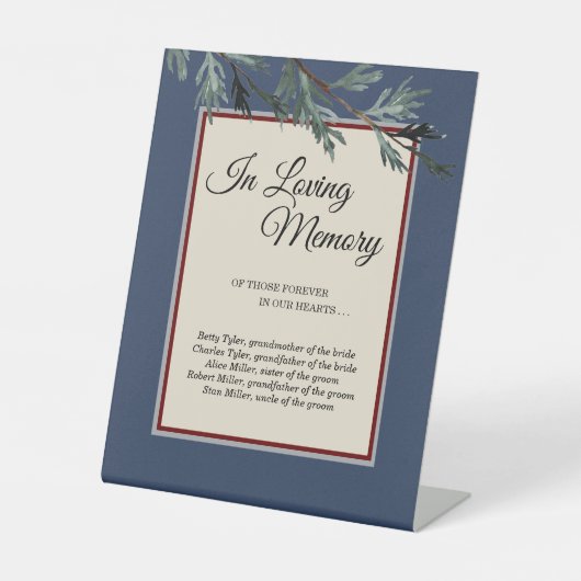 Signe De Table Mariage D'Hiver Bleu Pin En Mémoire D'Amour (Recto)