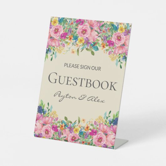 Signe De Table Mariage Fleur sauvage rose Jaune Signer notre livr (Recto)