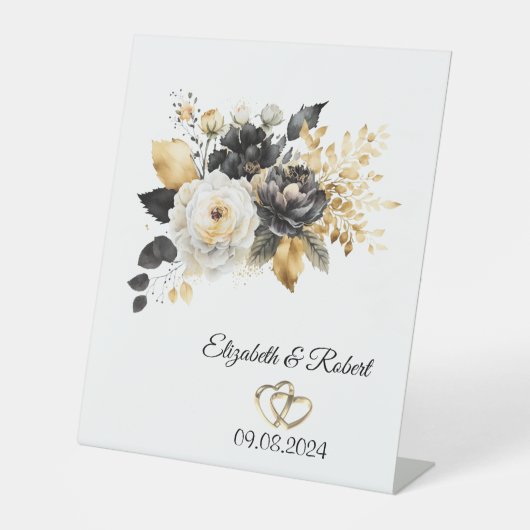 Signe De Table Mariage Fleurs Or Noir Blanc (Recto)