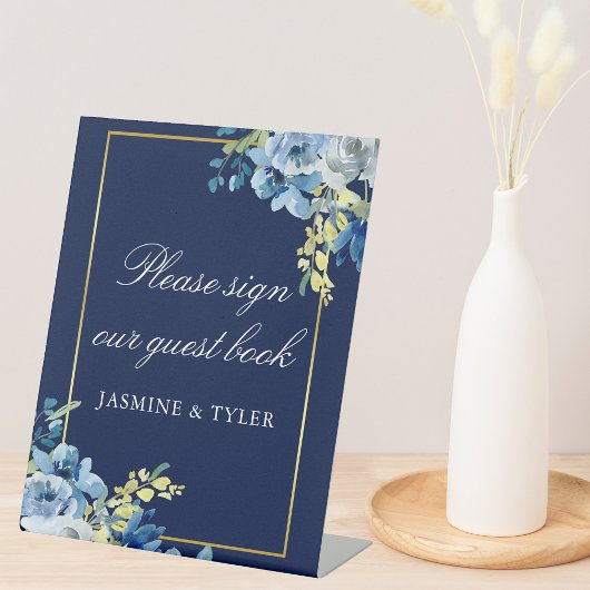 Signe De Table Mariage floral bleu marine Livre d'invité