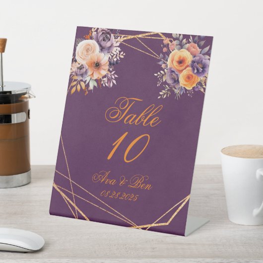 Signe De Table Mariage floral orange d'aubergine Numéro de table (In SItu)