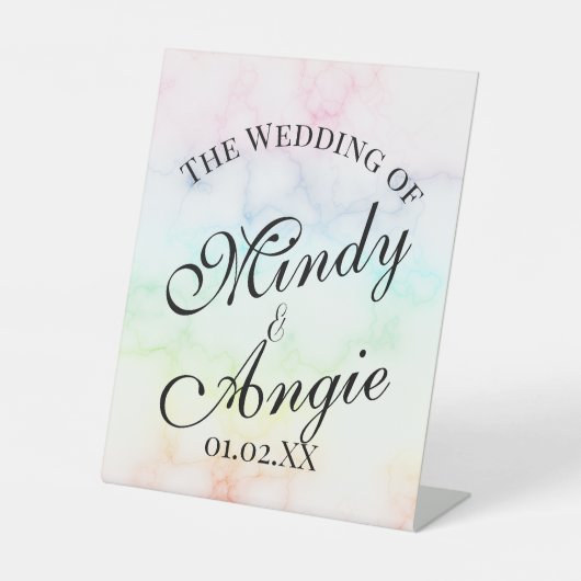 Signe De Table Mariage Gay Script Arc-en-Ciel en Marbre (Recto)