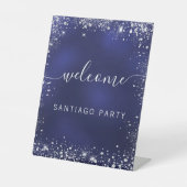 Signe De Table Mariage marine bleu argent nom script bienvenue (Recto)