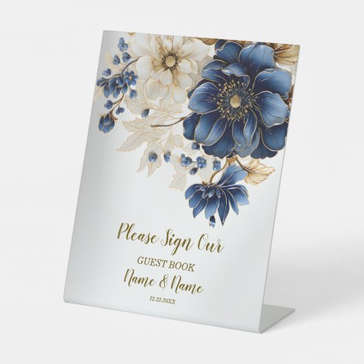 Signe De Table Mariage Marine Bleu Blanc Or Floral Argent (Recto)