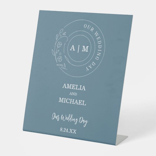 Signe De Table Mariage monogramme bleu et blanc Dusty (Recto)
