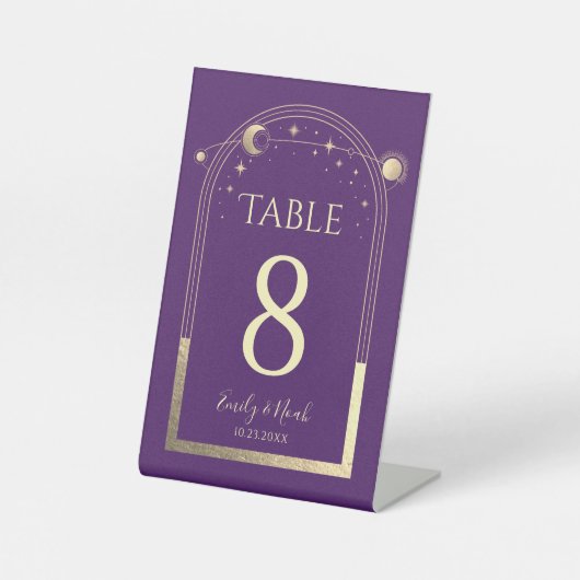 Signe De Table Mariage mystique violet or Sun Moon étoiles (Recto)