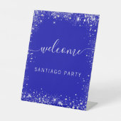 Signe De Table Mariage royal bleu argent nom script bienvenue (Recto)