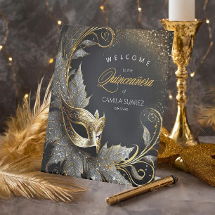 Signe De Table Masquerade Quinceañera Bienvenue Black Gold ID1031