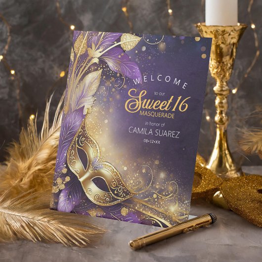 Signe De Table Masquerade Sweet 16 Welcome Purple Gold ID1032