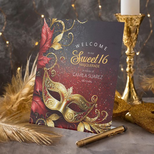 Signe De Table Masquerade Sweet 16 Welcome Red Gold ID1032