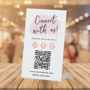 Signe De Table Médias Sociaux QR Code Se Connecter Avec Nous Rose