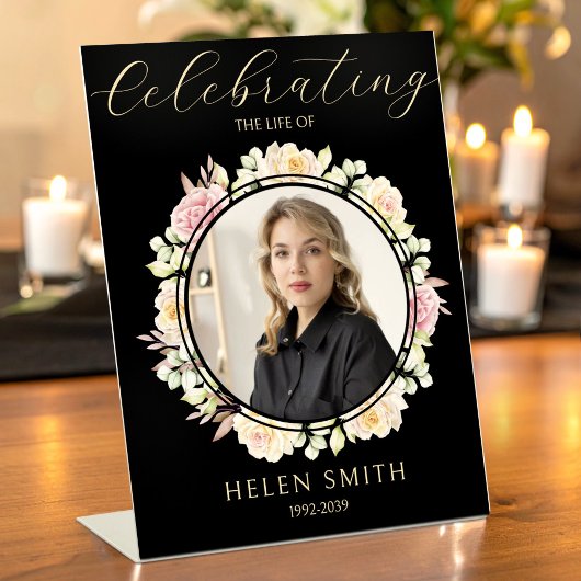 Signe De Table Memory Funeral Photo Floral Wreath Black