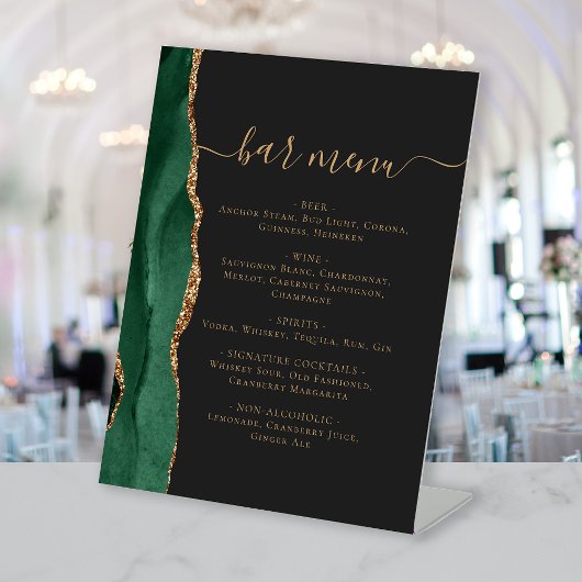 Signe De Table Menu Bar de Mariage Émeraude Vert Or Agate Foncé