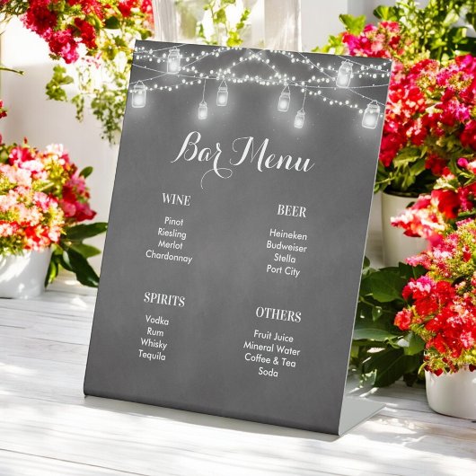 Signe De Table Menu Barre Noire Mariage de lumières à chaîne blan