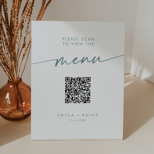 Signe De Table Menu Boho Chic Turquoise et blanc QR Code Mariage