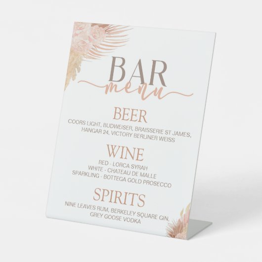Signe De Table Menu Boho Soft Rose Floral Flower Bar (Recto)
