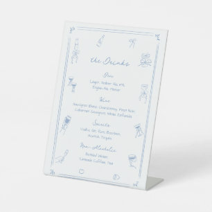 Signe De Table Menu Boisson de la barre Mariage bleue dessinée à