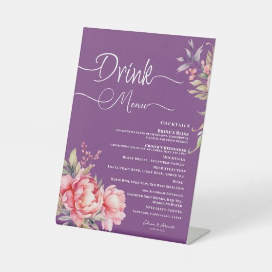 Signe De Table Menu Boisson mariage Profond Purple Peony Rose (Recto)