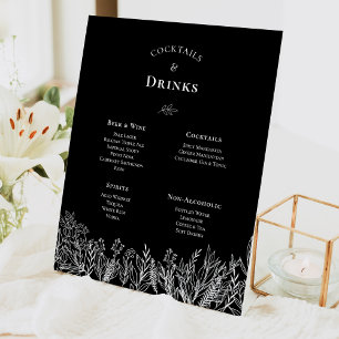 Signe De Table Menu Boissons Mariage Black and White Greenery