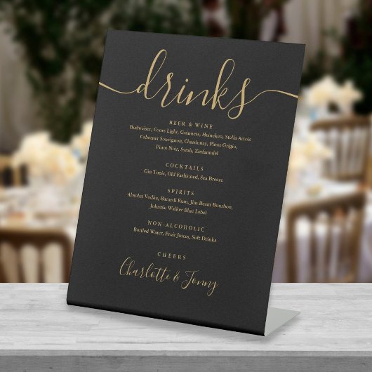 Signe De Table Menu Boissons Mariage De Script Moderne Noir Et Or