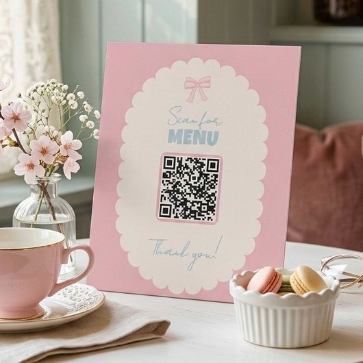 Signe De Table Menu Code QR Coquette Rose Pâle Affichage Café