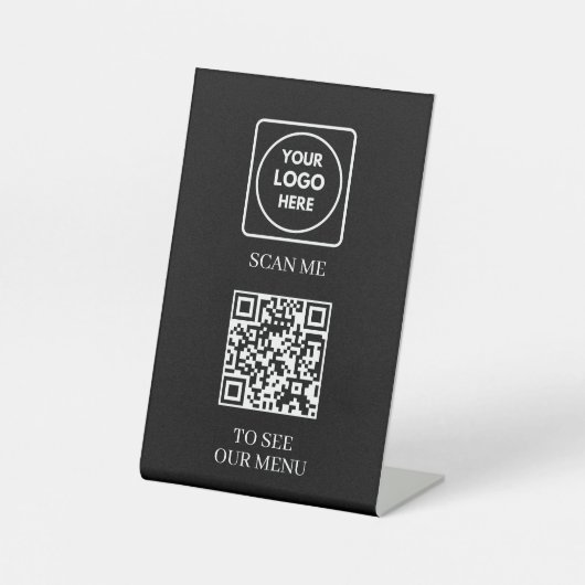 Signe De Table Menu Code QR noir | Logo moderne sans contact  (Recto)