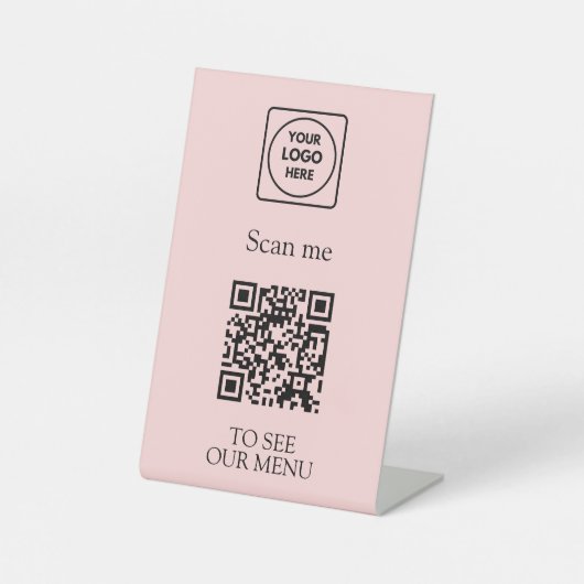 Signe De Table Menu Code QR Rose | Logo Moderne Sans Contact  (Recto)