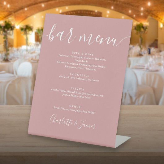 Signe De Table Menu de bar de mariage à écriture signature rose p