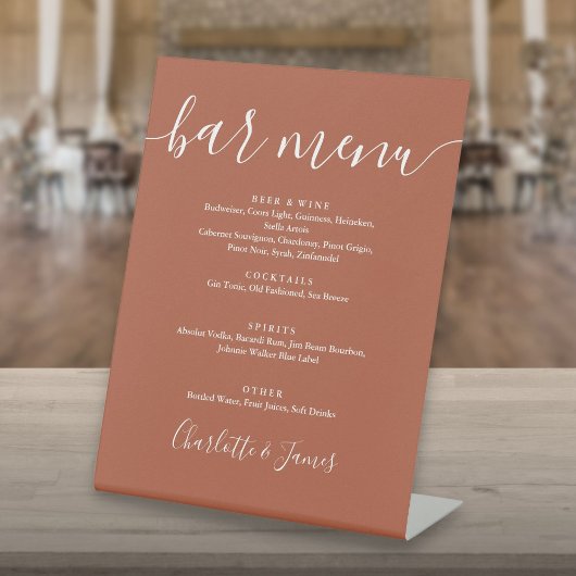 Signe De Table Menu de bar de mariage à écriture Terracotta Signa