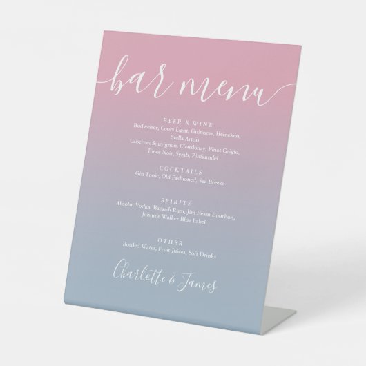 Signe De Table Menu de bar de mariage à script ombré rose et bleu (Recto)