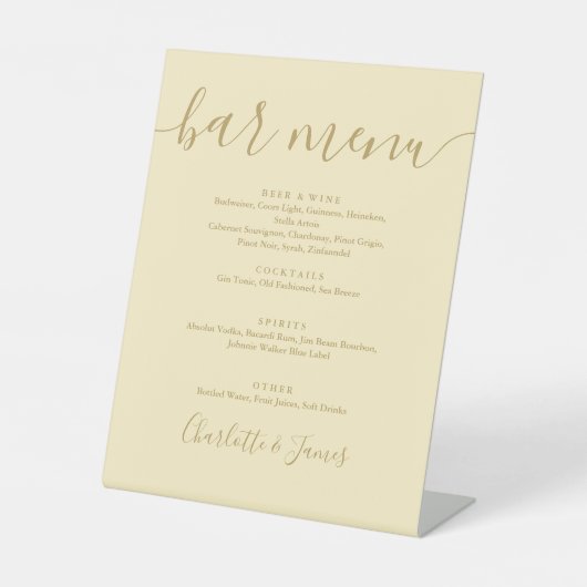 Signe De Table Menu de bar de mariage écriture jaune et or Butter (Recto)