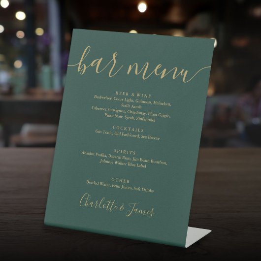 Signe De Table Menu de Bar de Mariage Écriture Vert Émeraude et O