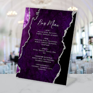 Signe De Table Menu de bar de mariage en agate argent violet